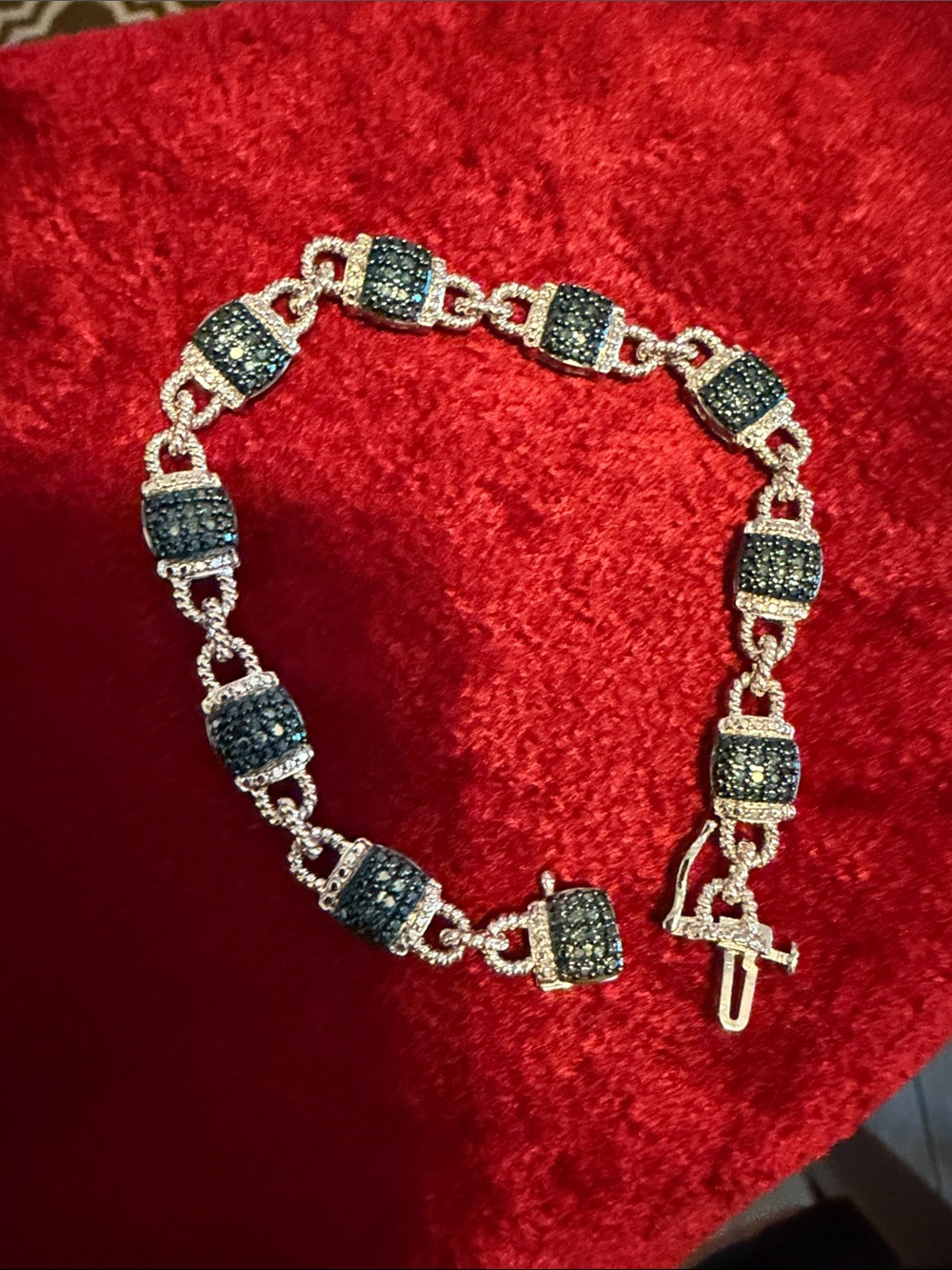 New 925 Sterling Silver natural mined blue diamond Pavé Link Bracelet 7.5”